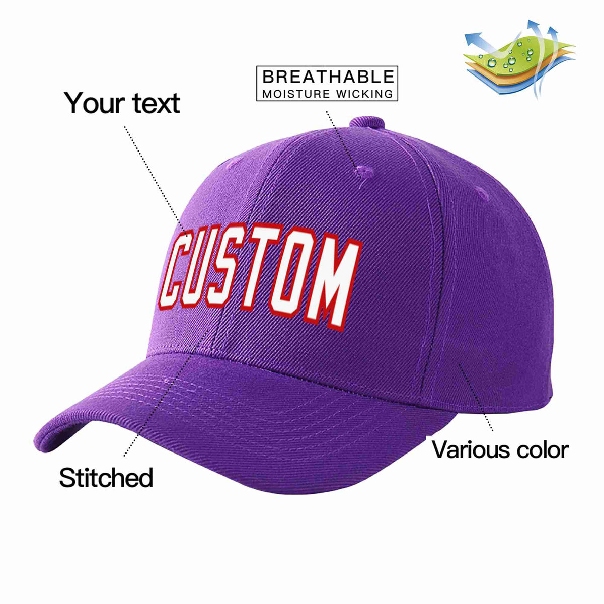 Custom Purple White-Red Curved Eaves Sport Baseball Cap Design for Men/Women/Youth