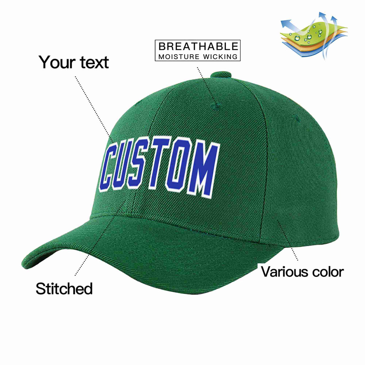 Custom Green Royal-White Curved Eaves Sport Baseball Cap Design for Men/Women/Youth