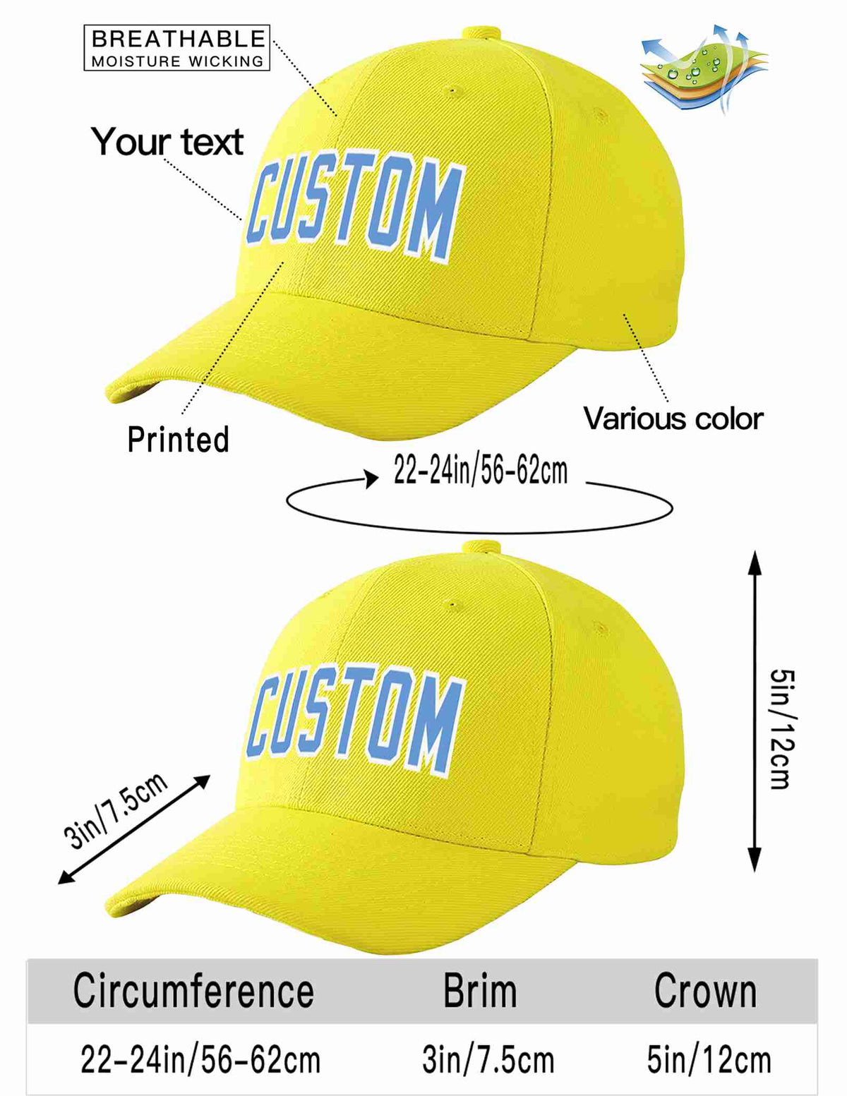 Custom Yellow Light Blue-White Curved Eaves Sport Baseball Cap Design for Men/Women/Youth