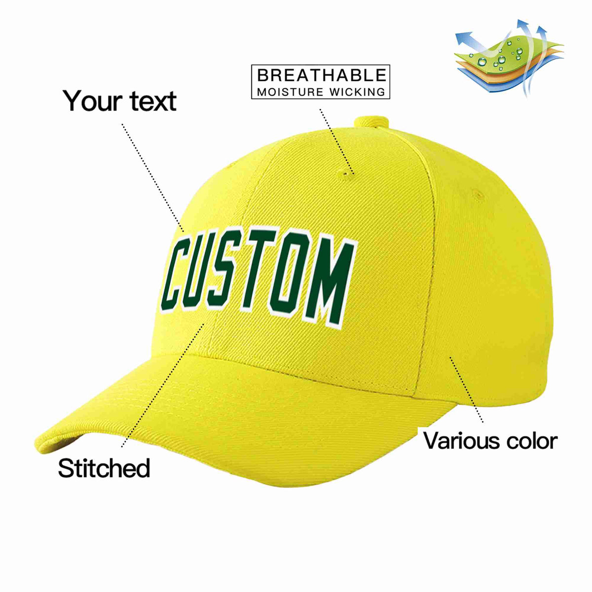 Custom Yellow Green-White Curved Eaves Sport Baseball Cap Design for Men/Women/Youth