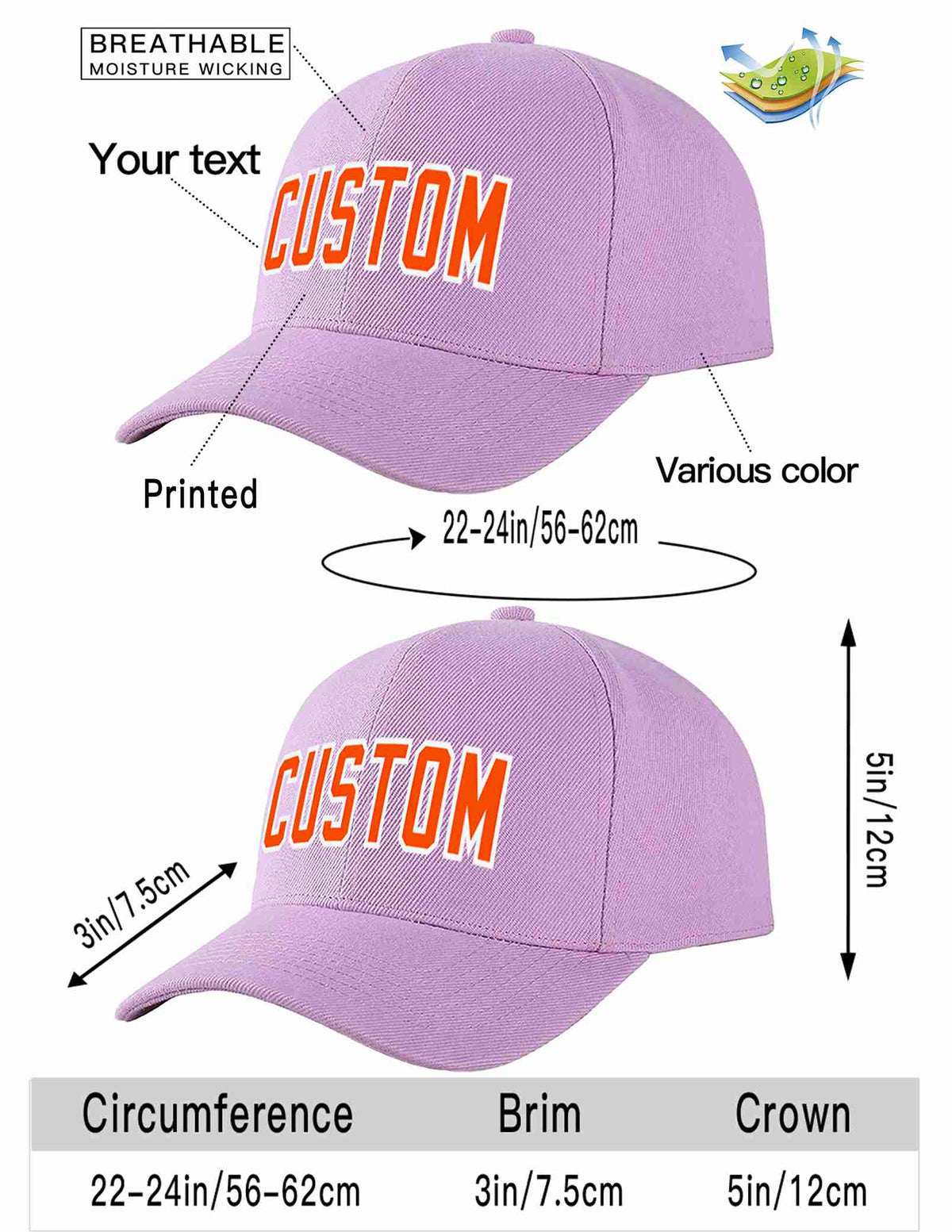 Custom Light Purple Orange-White Curved Eaves Sport Baseball Cap Design for Men/Women/Youth
