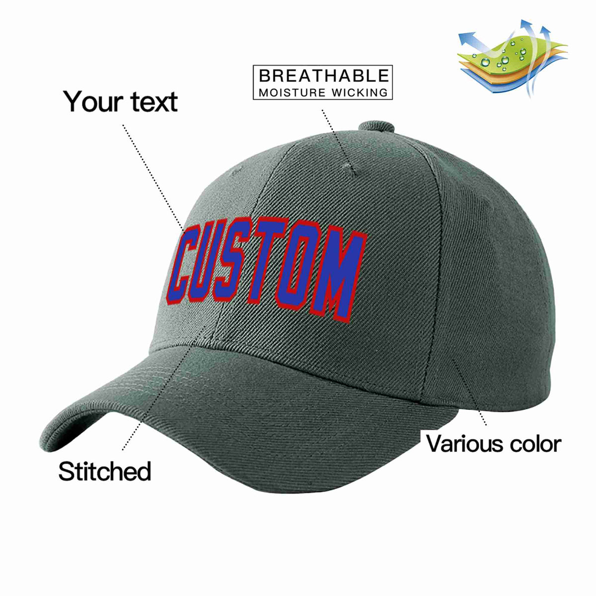 Custom Dark Gray Royal-Red Curved Eaves Sport Baseball Cap Design for Men/Women/Youth