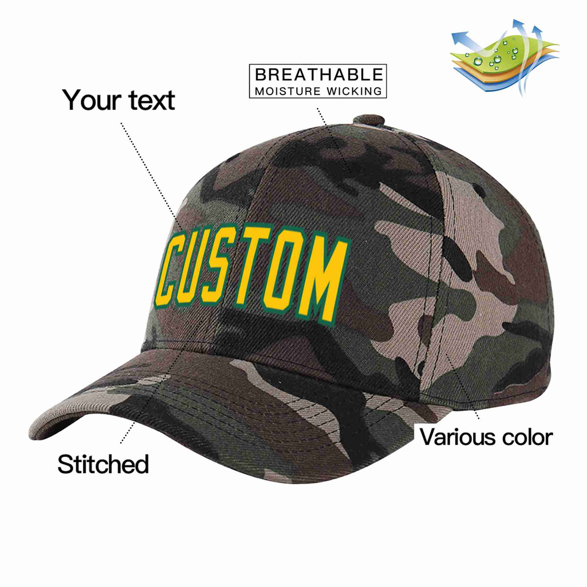 Custom Camo Gold-Kelly Green Curved Eaves Sport Baseball Cap Design for Men/Women/Youth