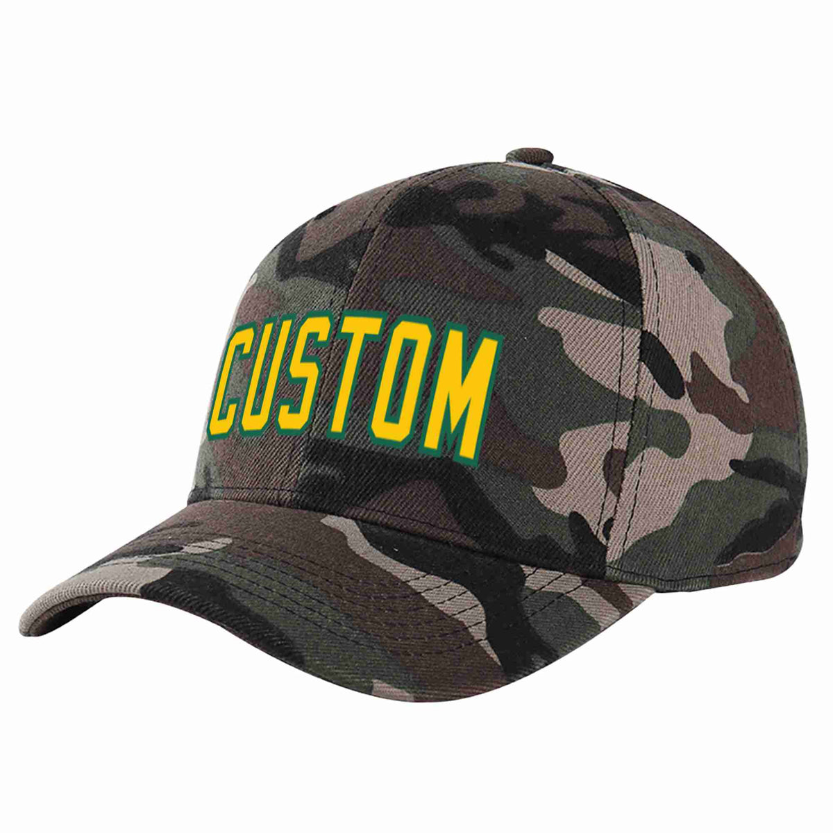 Custom Camo Gold-Kelly Green Curved Eaves Sport Baseball Cap Design for Men/Women/Youth