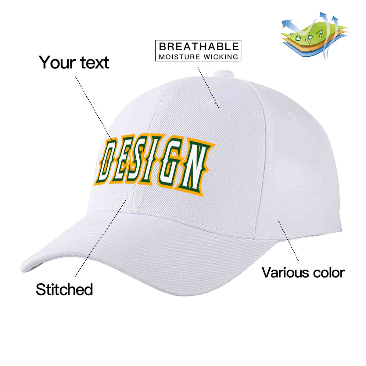 Custom White White-Kelly Green Curved Eaves Sport Design Baseball Cap
