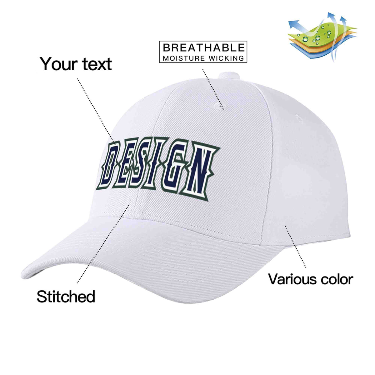 Custom White Navy-White Curved Eaves Sport Design Baseball Cap