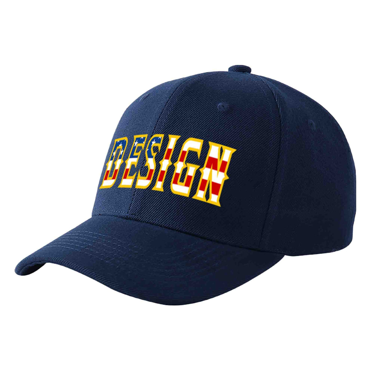 Custom Navy Vintage USA Flag-Gold Curved Eaves Sport Design Baseball Cap