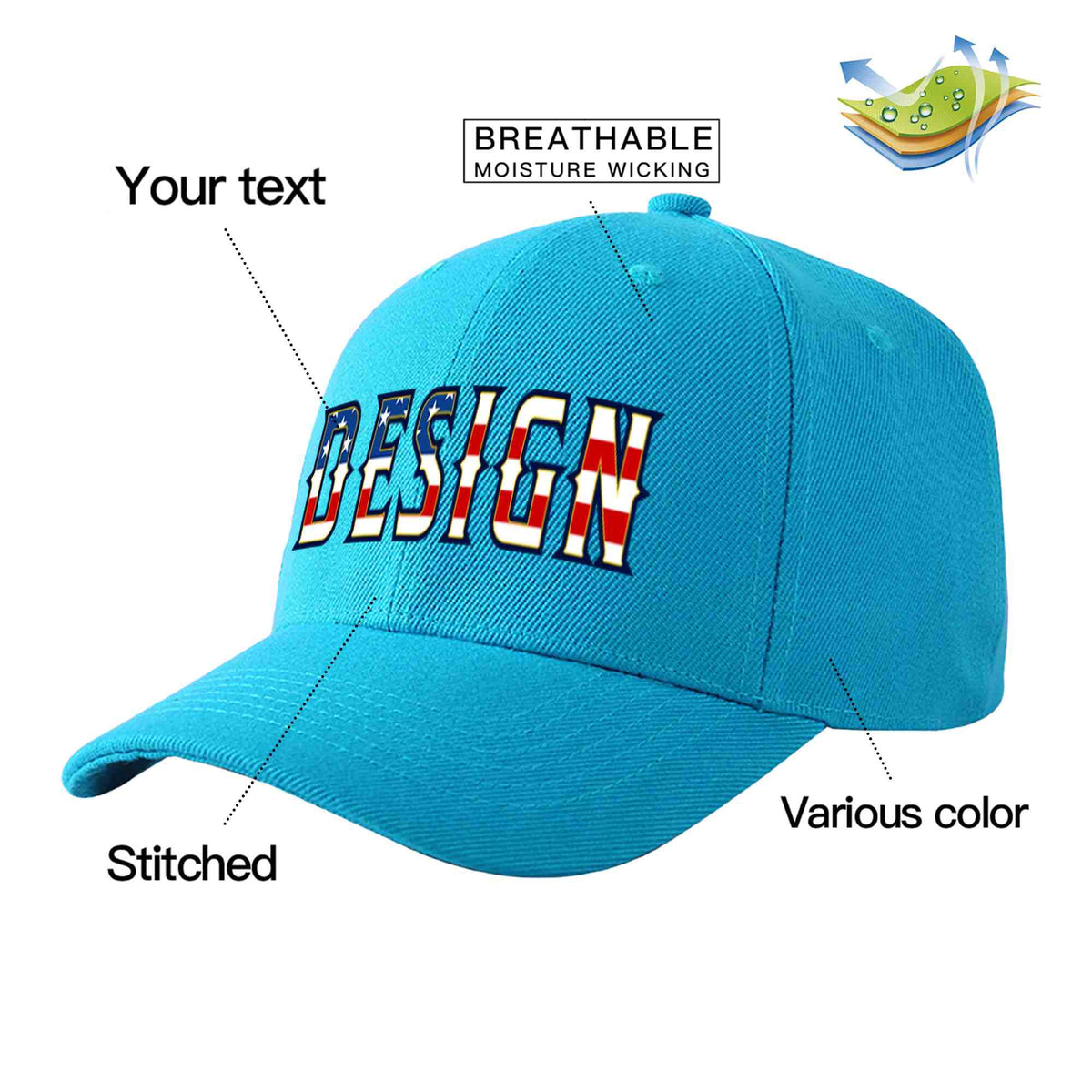 Custom Aqua Vintage USA Flag-Gold Curved Eaves Sport Design Baseball Cap