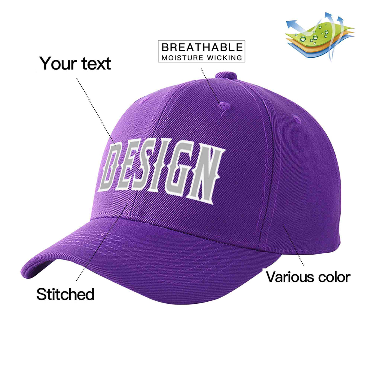 Custom Purple Gray-White Curved Eaves Sport Design Baseball Cap