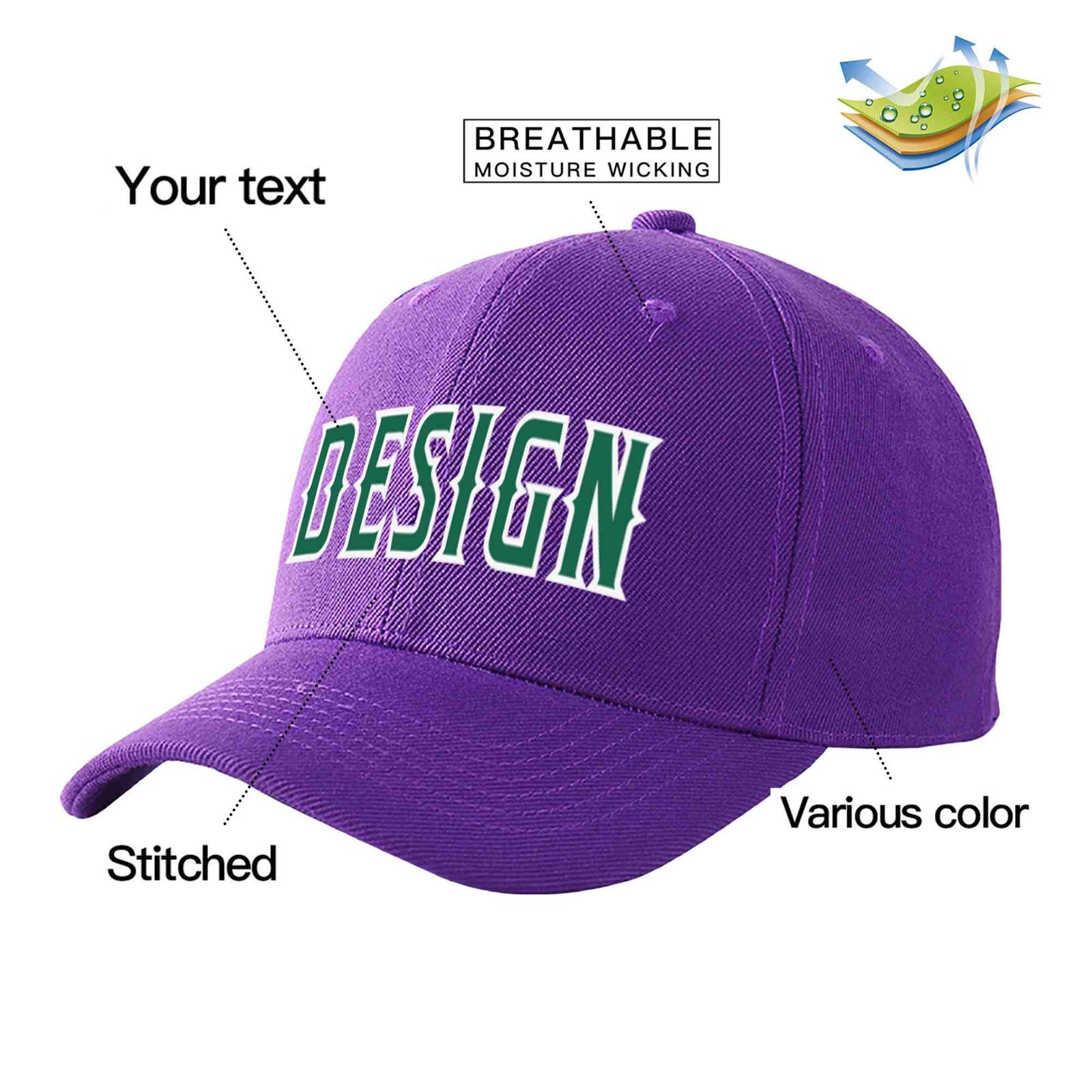 Custom Purple Kelly Green-White Curved Eaves Sport Design Baseball Cap