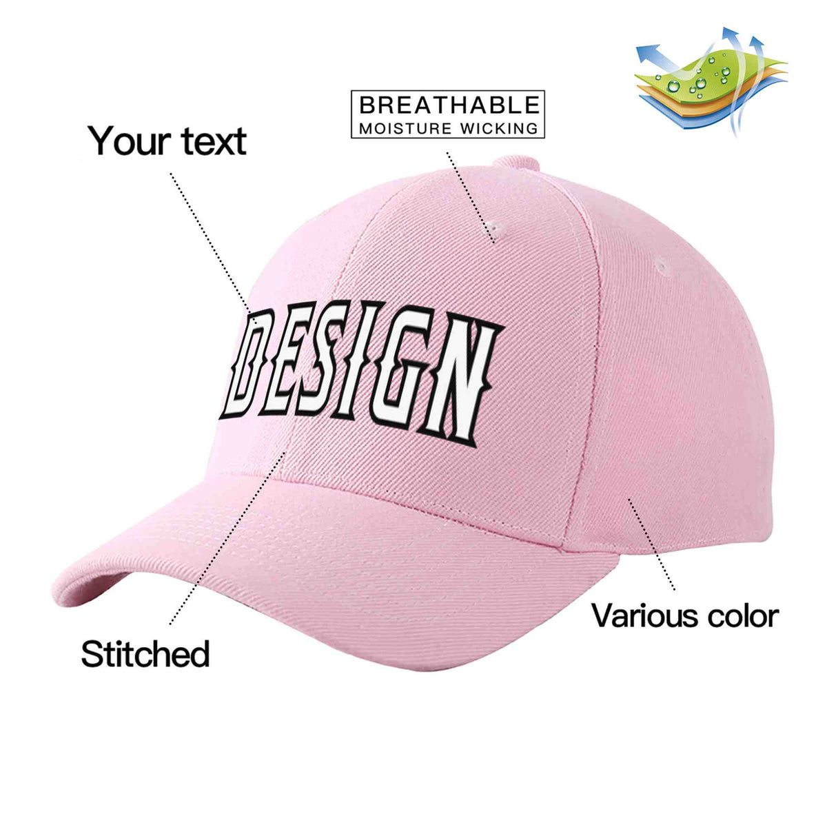 Custom Pink White-Black Curved Eaves Sport Design Baseball Cap