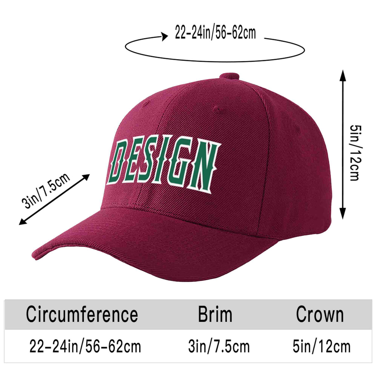 Custom Red Wine Kelly Green-White Curved Eaves Sport Design Baseball Cap
