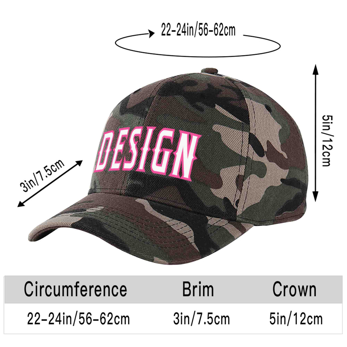 Custom Camo White-Pink Curved Eaves Sport Design Baseball Cap
