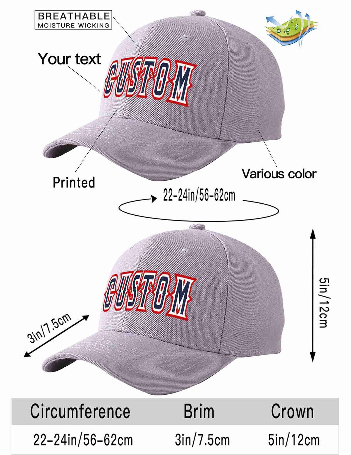 Custom Gray Navy-White Curved Eaves Sport Baseball Cap Design for Men/Women/Youth