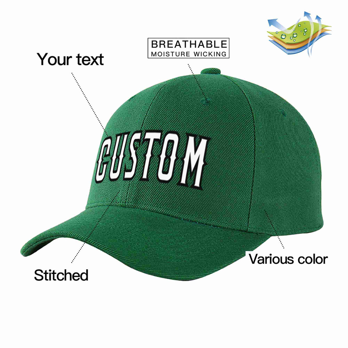Custom Green White-Black Curved Eaves Sport Baseball Cap Design for Men/Women/Youth