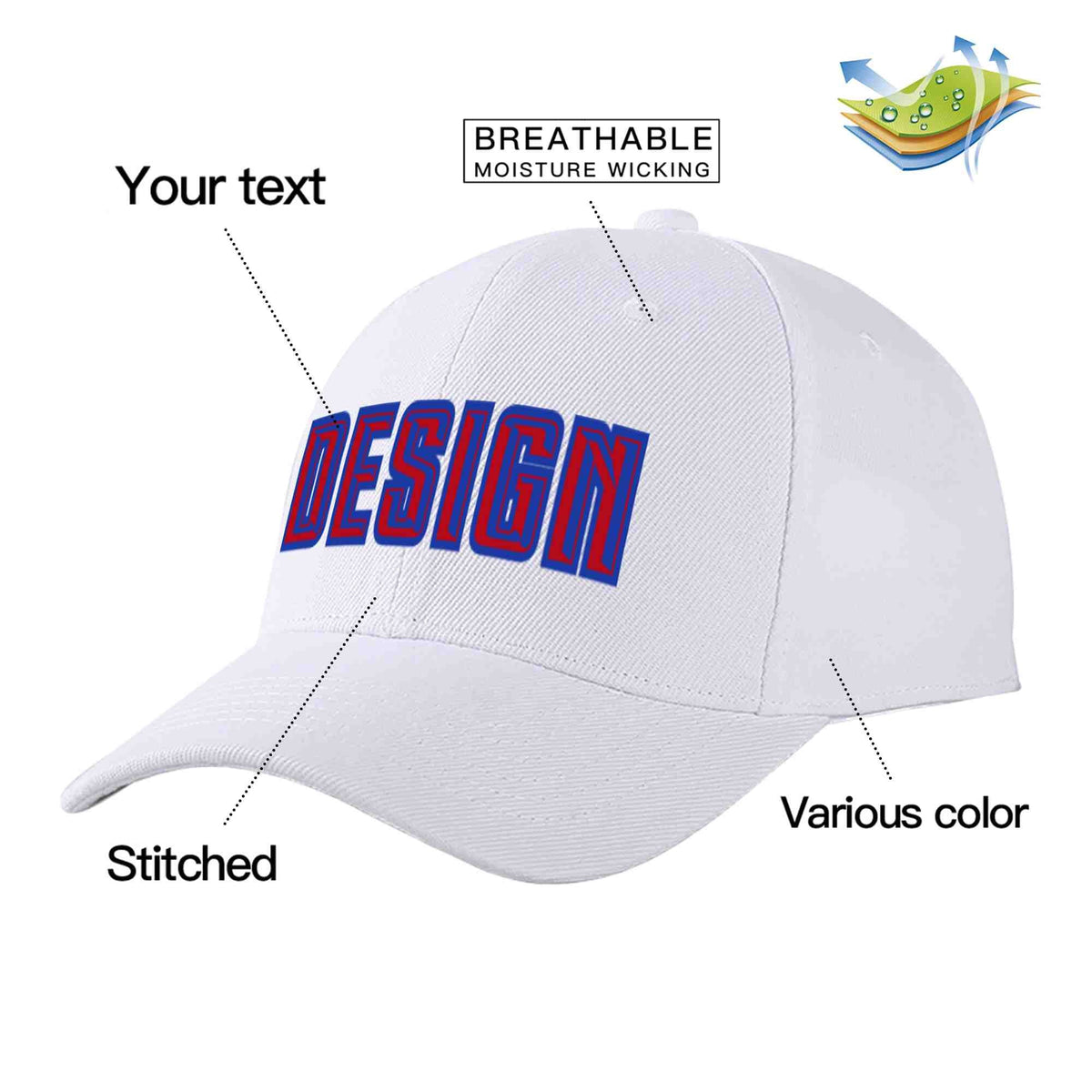 Custom White Red-Royal Curved Eaves Sport Design Baseball Cap
