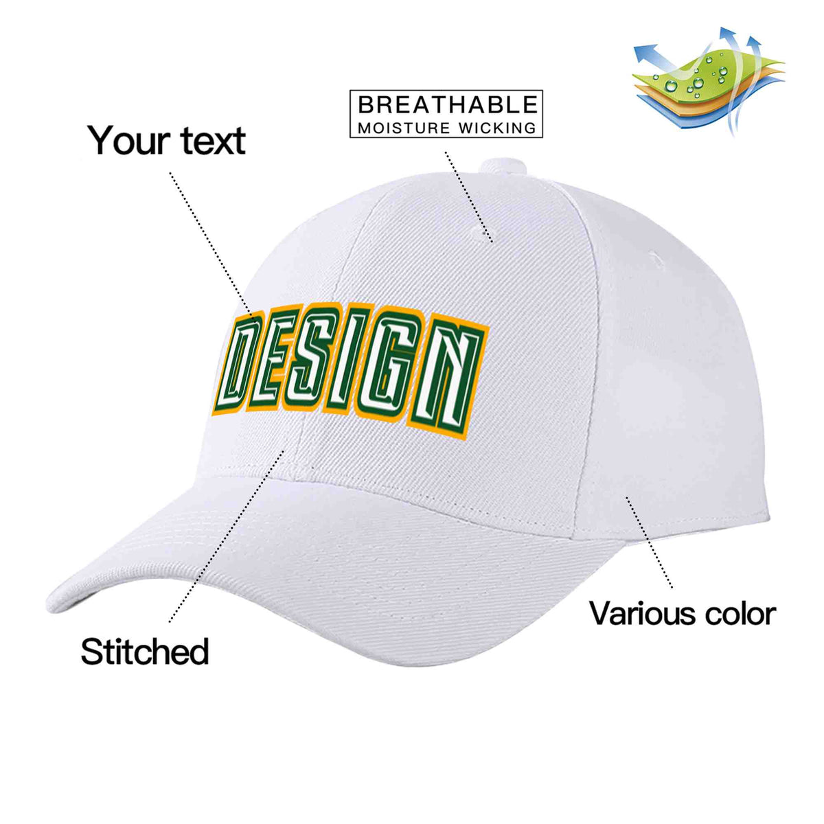 Custom White White-Kelly Green Curved Eaves Sport Design Baseball Cap