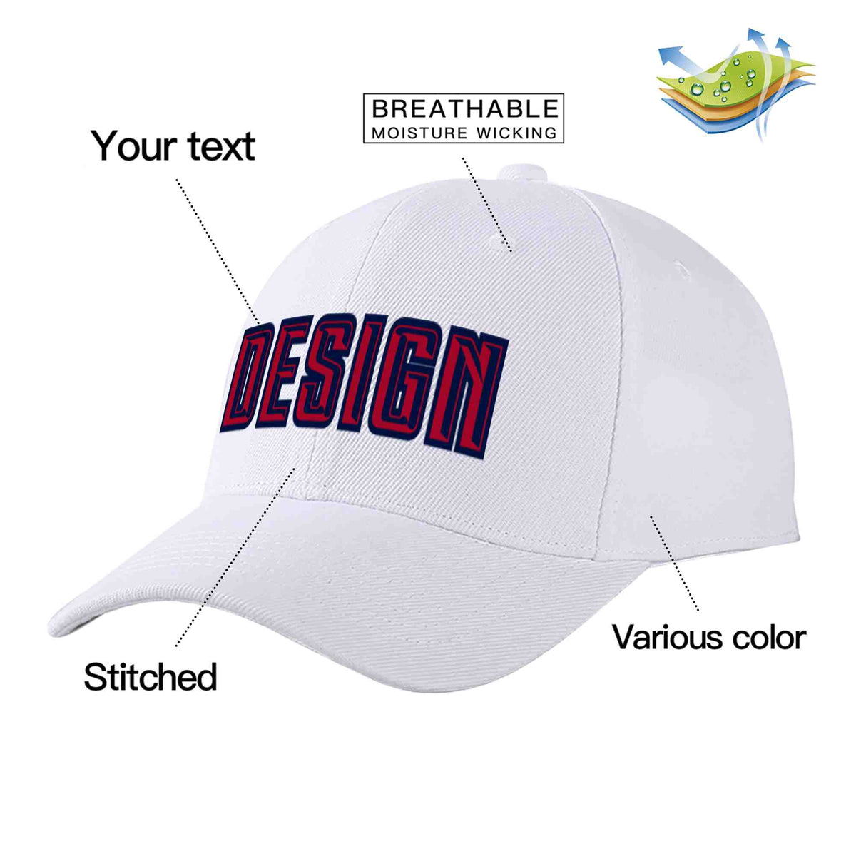 Custom White Red-Navy Curved Eaves Sport Design Baseball Cap