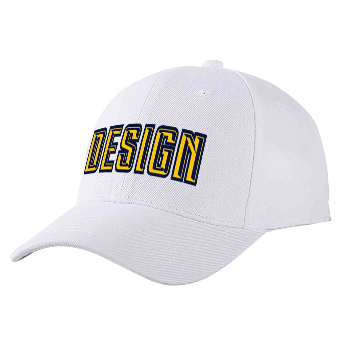 Custom White Yellow-Navy Curved Eaves Sport Design Baseball Cap