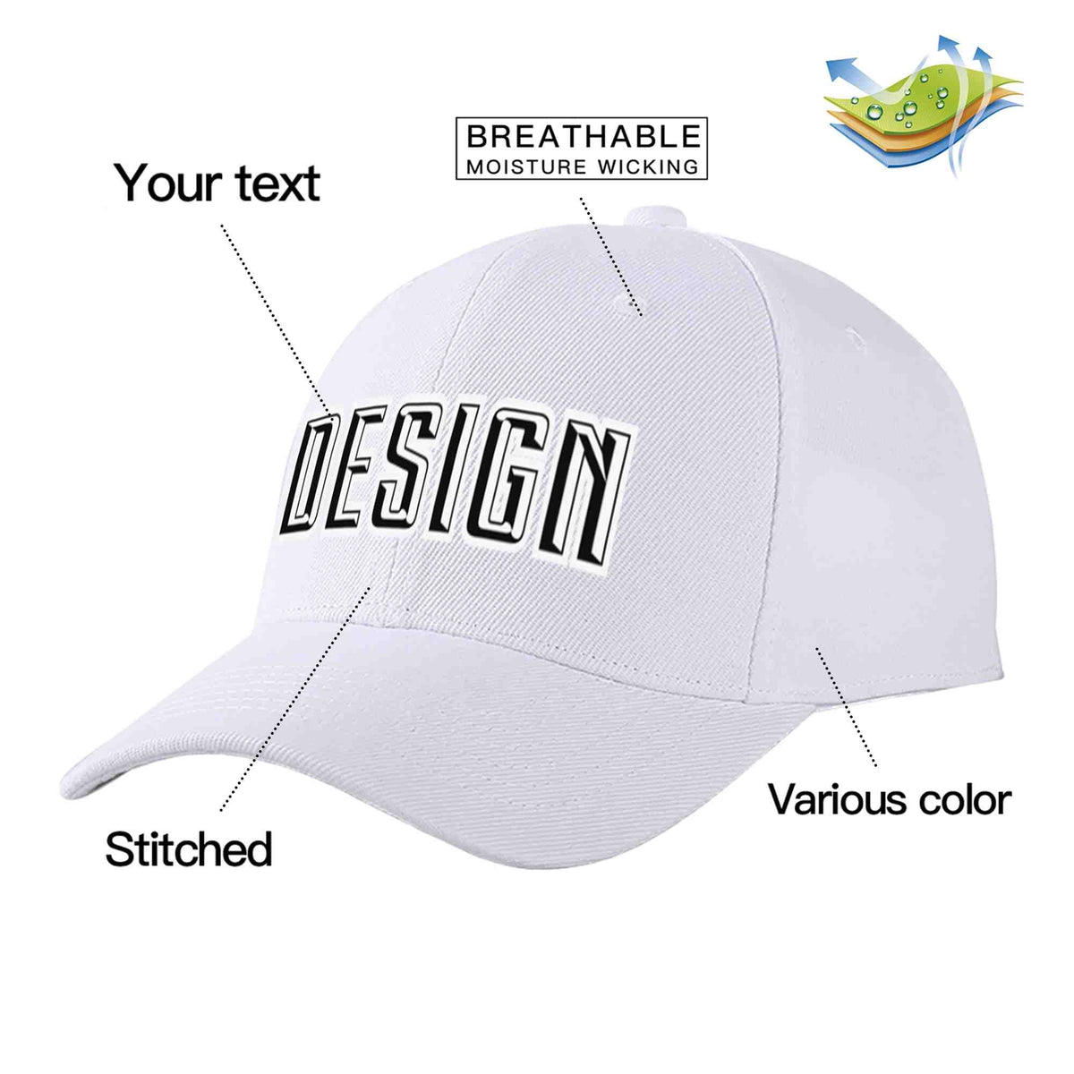 Custom White Black-White Curved Eaves Sport Design Baseball Cap