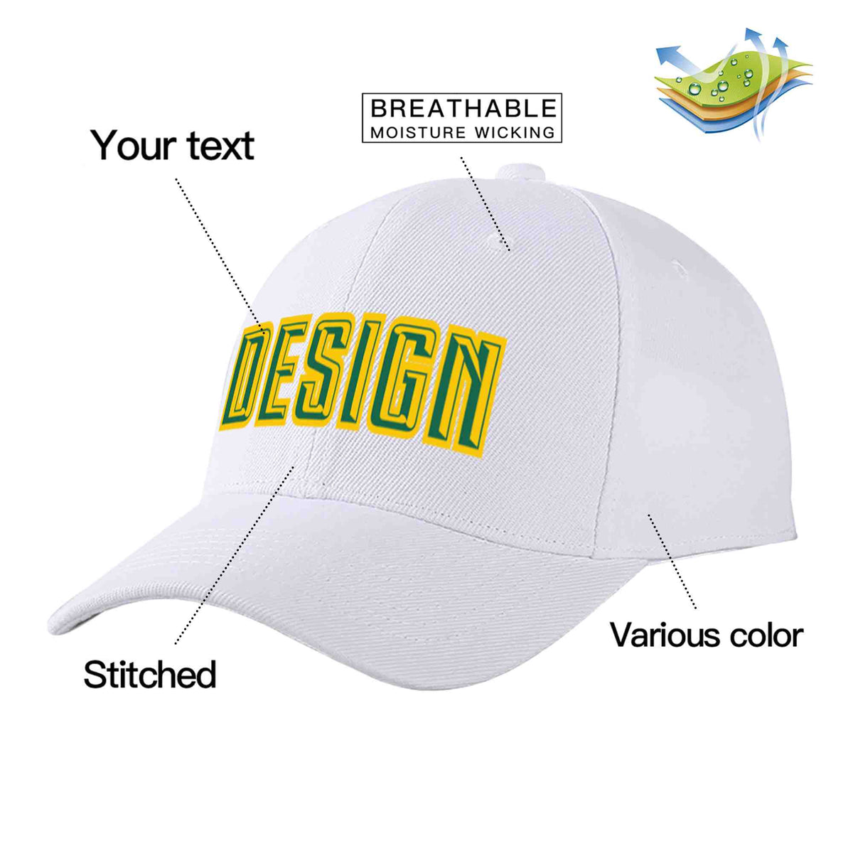 Custom White Kelly Green-Yellow Curved Eaves Sport Design Baseball Cap