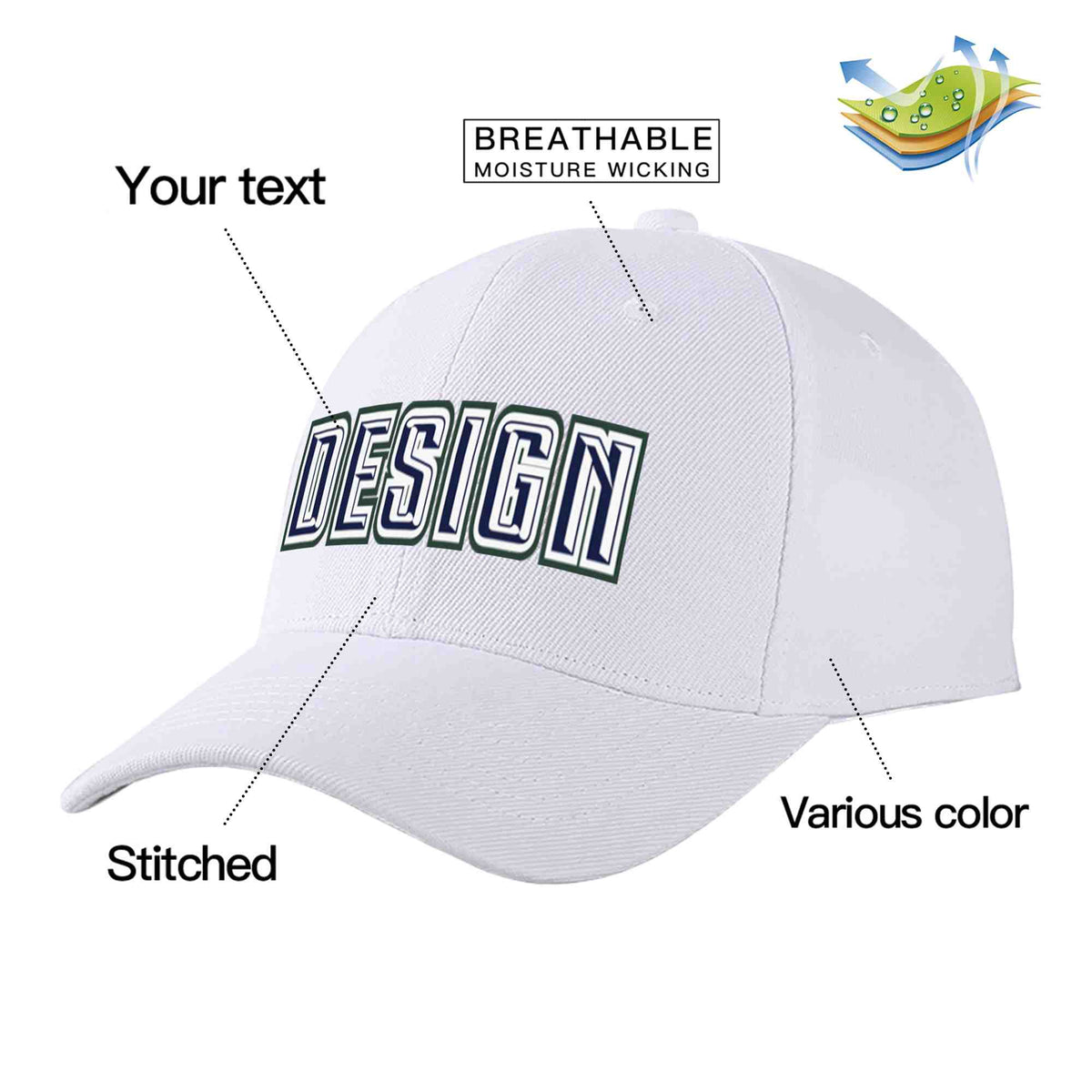 Custom White Navy-White Curved Eaves Sport Design Baseball Cap