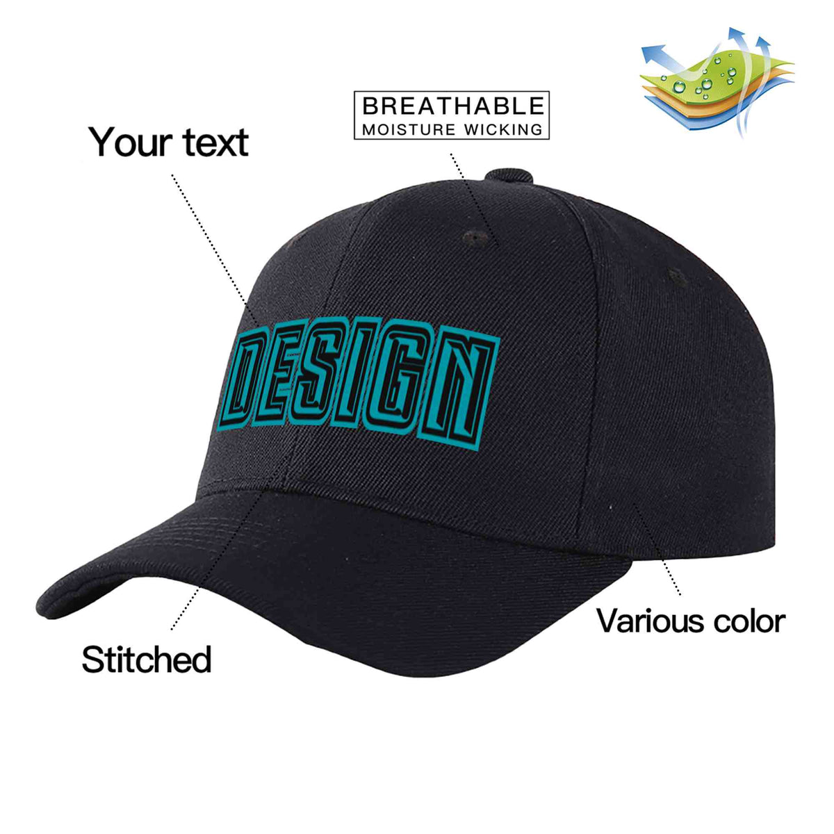 Custom Black Aqua-Black Curved Eaves Sport Design Baseball Cap