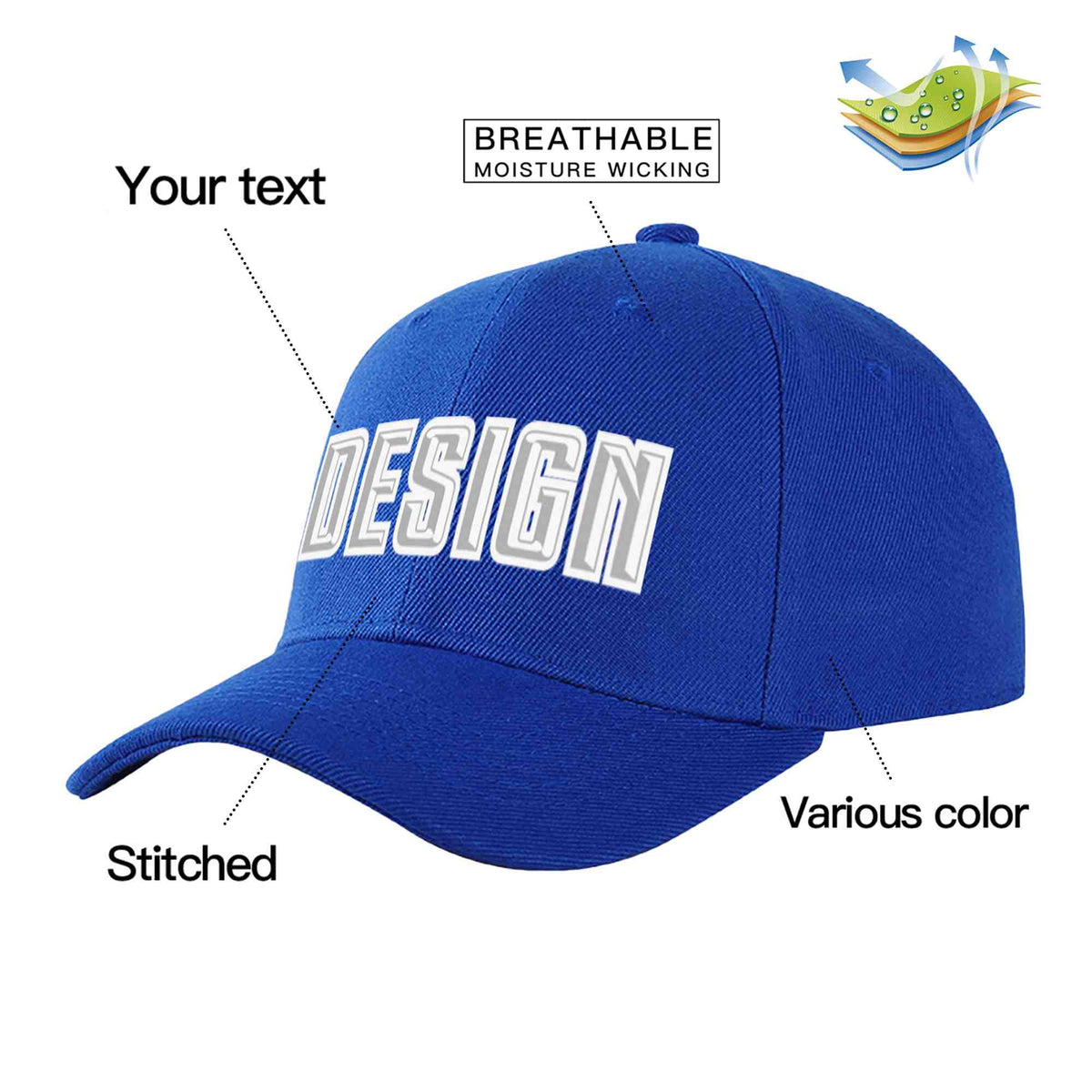 Custom Royal Gray-White Curved Eaves Sport Design Baseball Cap