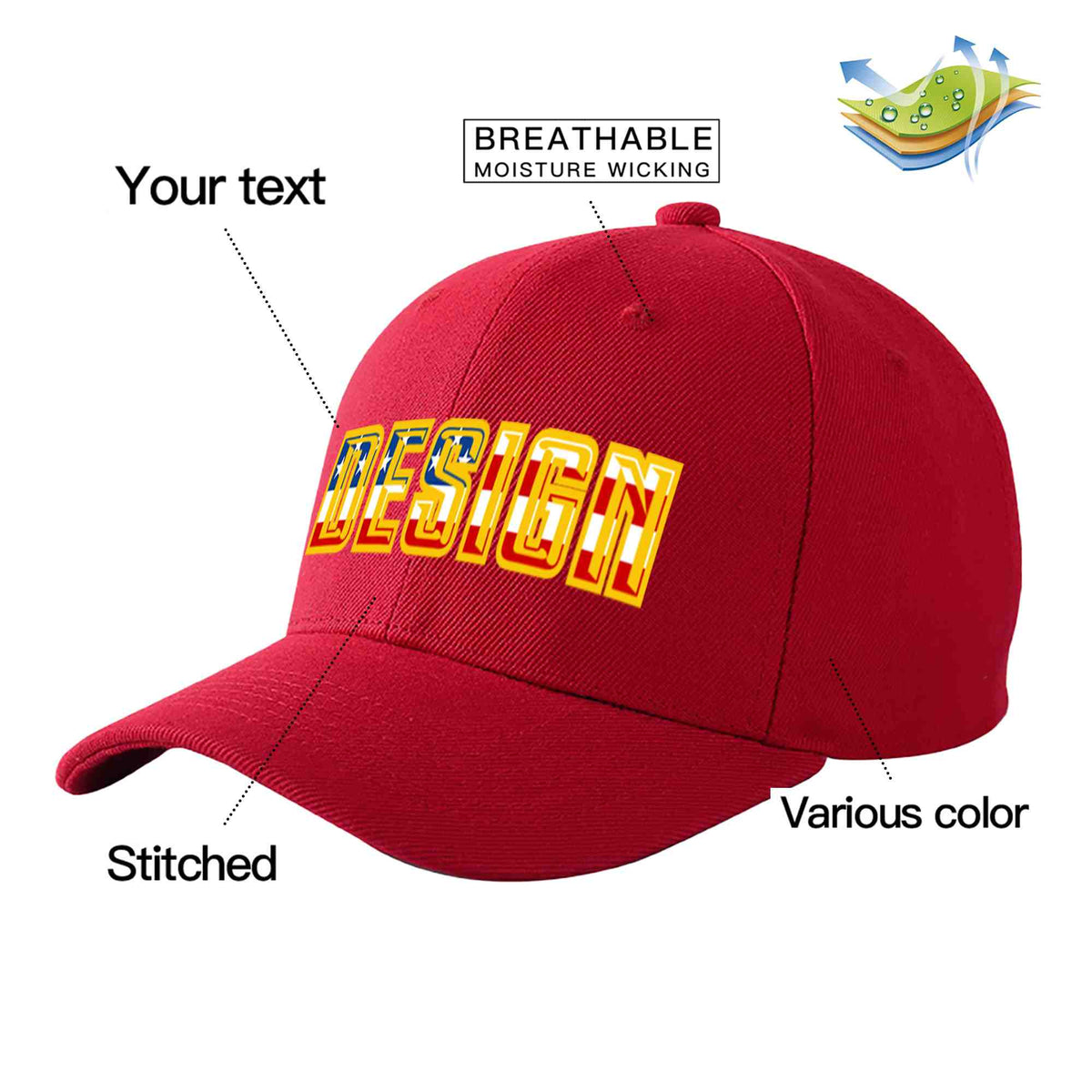 Custom Red Vintage USA Flag-Gold Curved Eaves Sport Design Baseball Cap