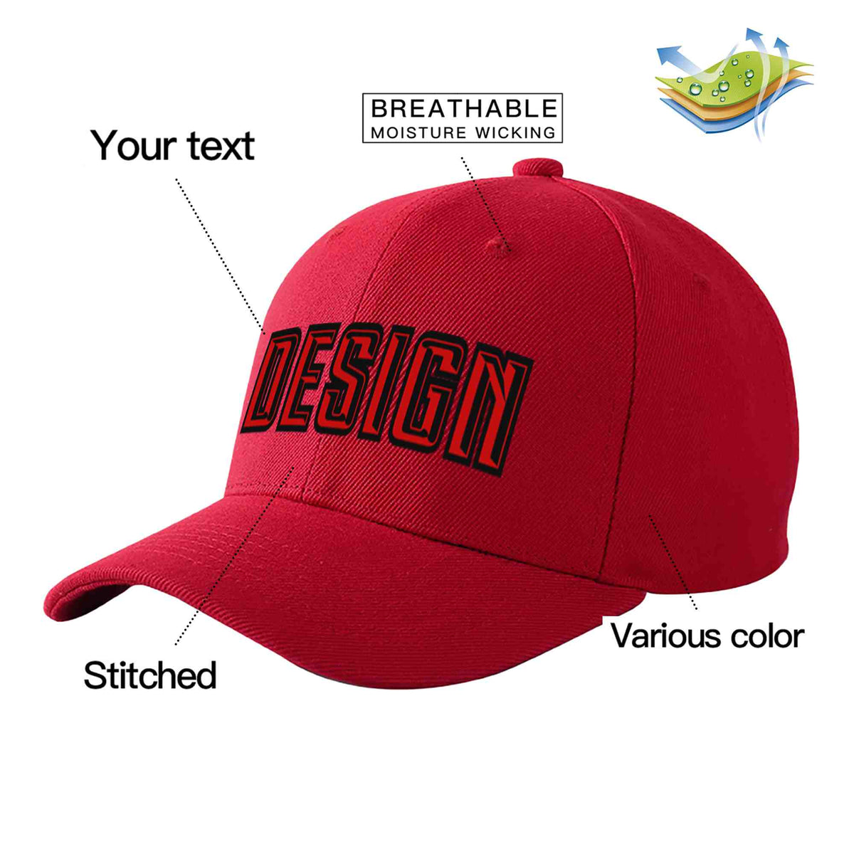 Custom Red Red-Black Curved Eaves Sport Design Baseball Cap