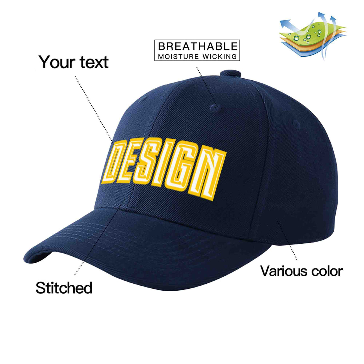 Custom Navy White-Gold Curved Eaves Sport Design Baseball Cap