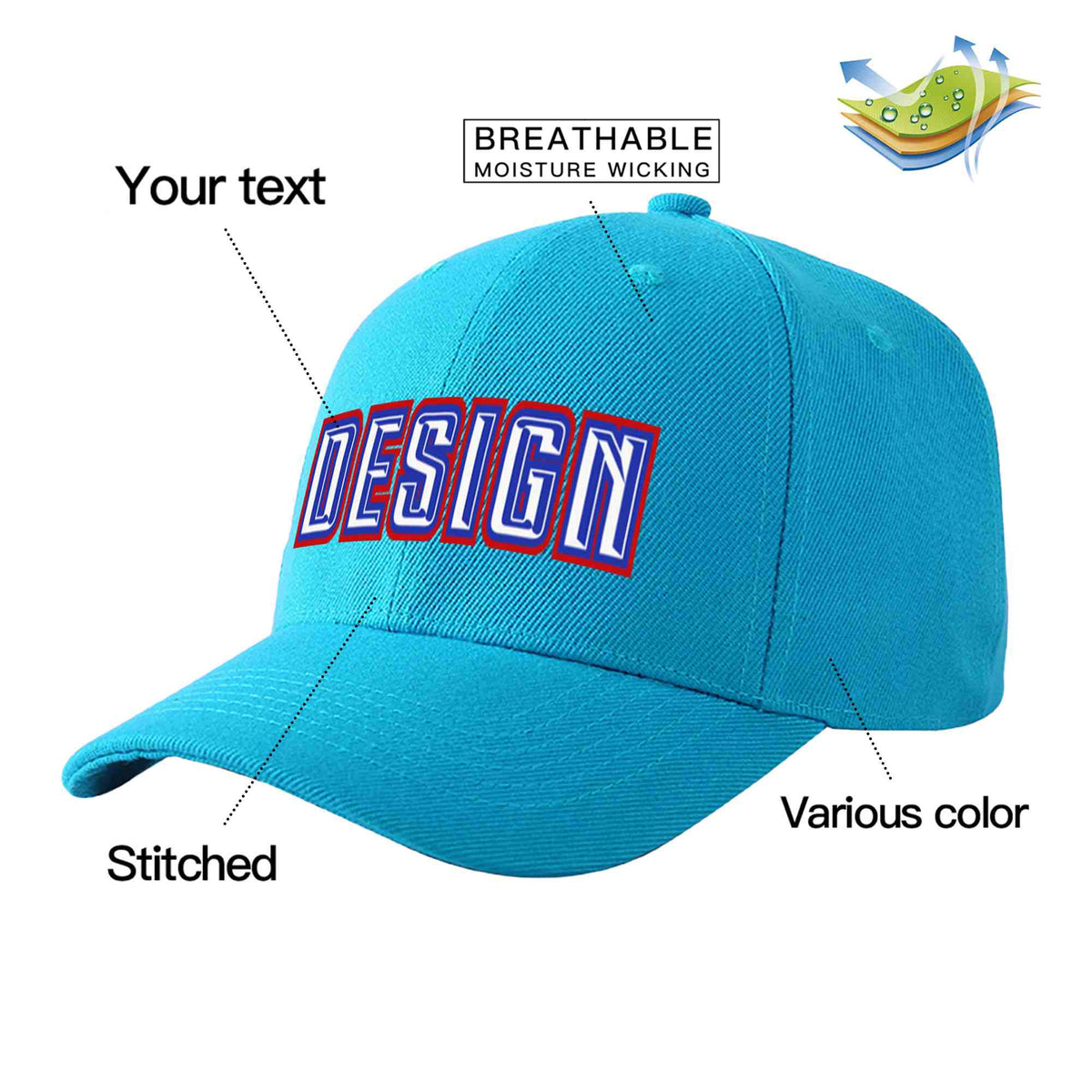 Custom Aqua White-Royal Curved Eaves Sport Design Baseball Cap