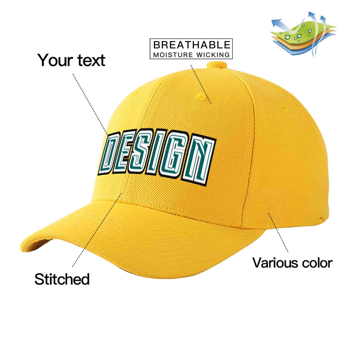 Custom Gold Aqua-White Curved Eaves Sport Design Baseball Cap
