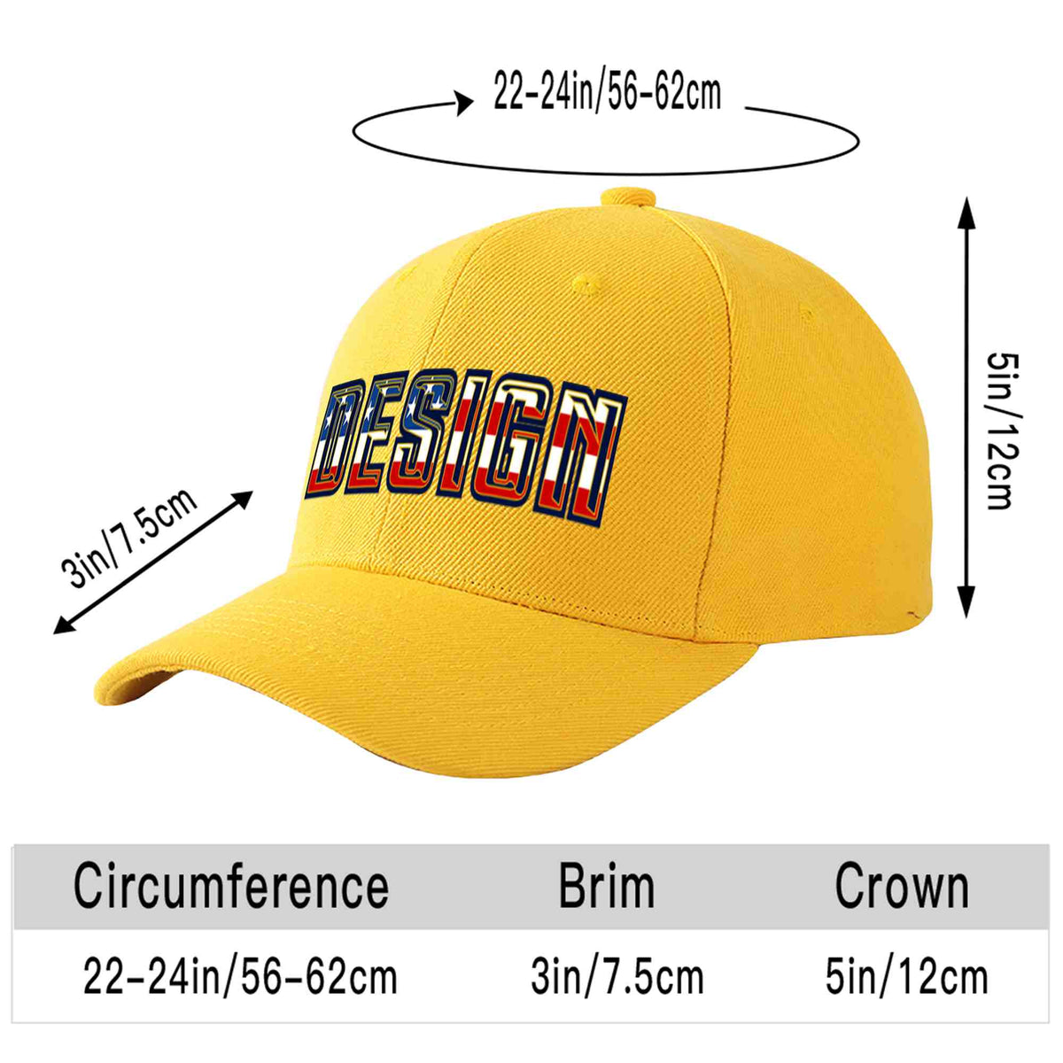 Custom Gold Vintage USA Flag-Gold Curved Eaves Sport Design Baseball Cap