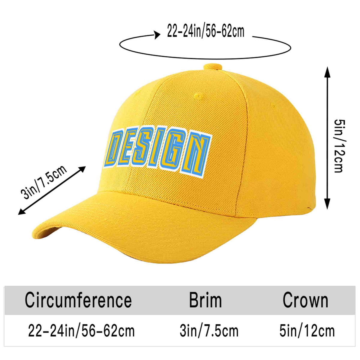 Custom Gold Gold-Powder Blue Curved Eaves Sport Design Baseball Cap