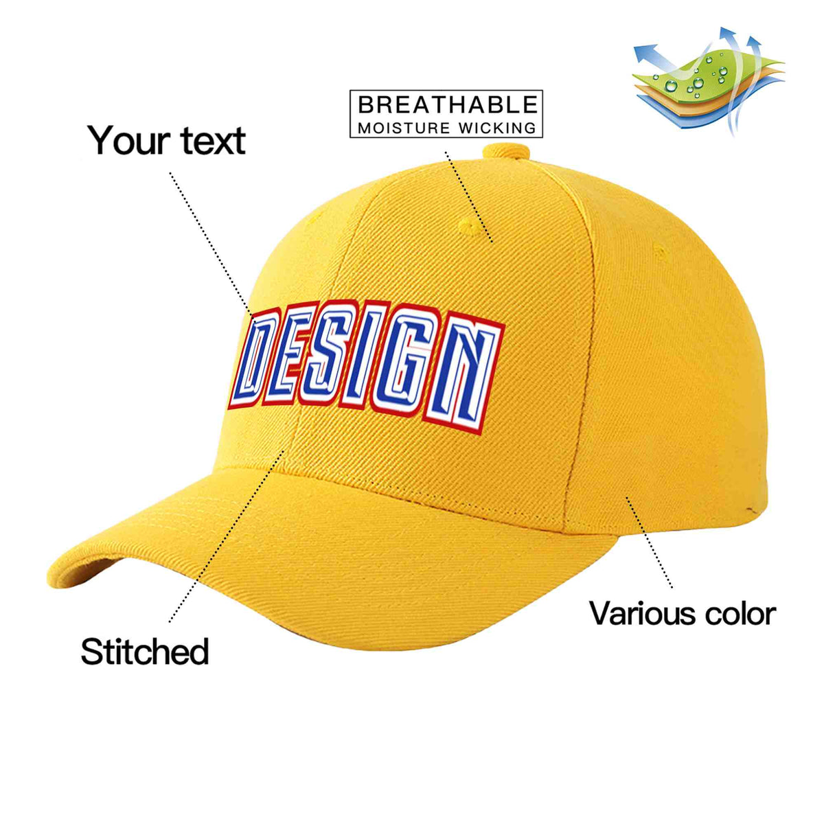 Custom Gold Royal-White Curved Eaves Sport Design Baseball Cap