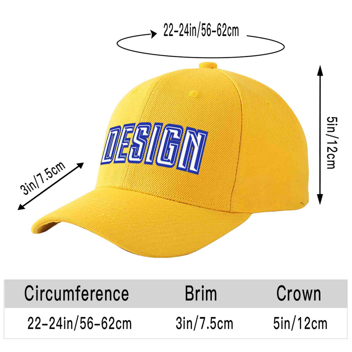 Custom Gold White-Royal Curved Eaves Sport Design Baseball Cap