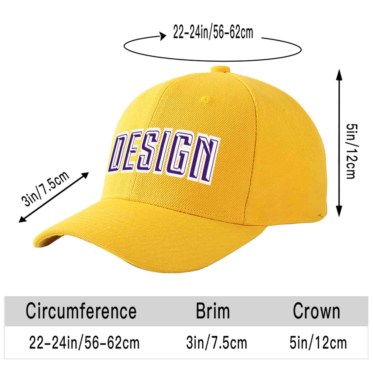 Custom Gold Purple-White Curved Eaves Sport Design Baseball Cap