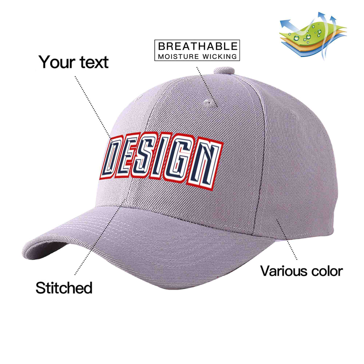 Custom Gray Navy-White Curved Eaves Sport Design Baseball Cap