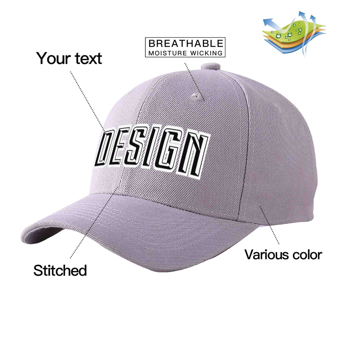 Custom Gray Black-White Curved Eaves Sport Design Baseball Cap