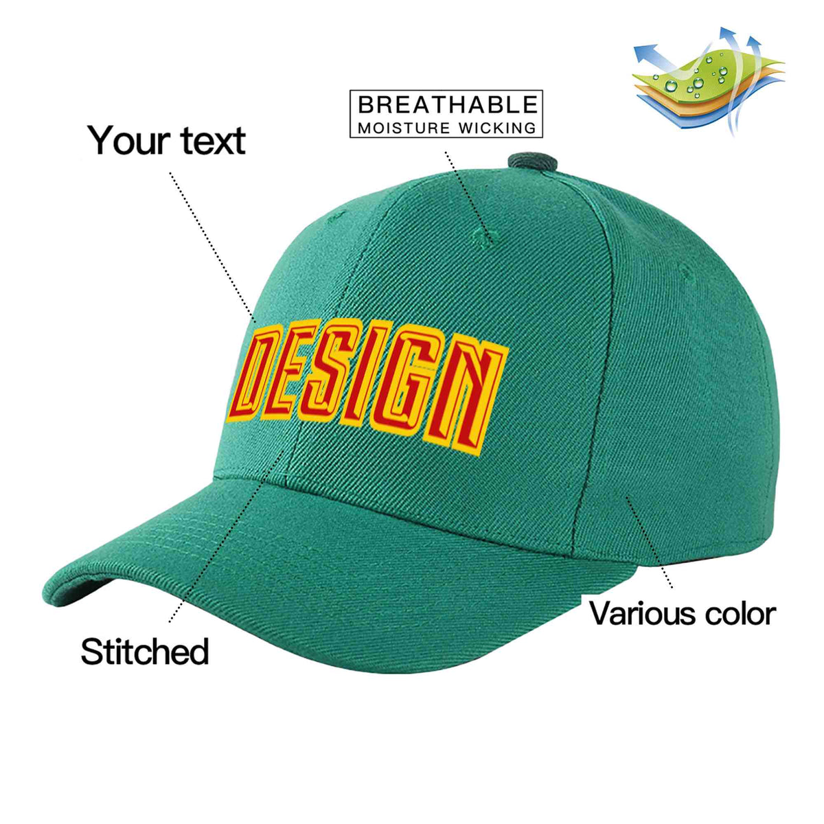 Custom Light Green Red-Yellow Curved Eaves Sport Design Baseball Cap