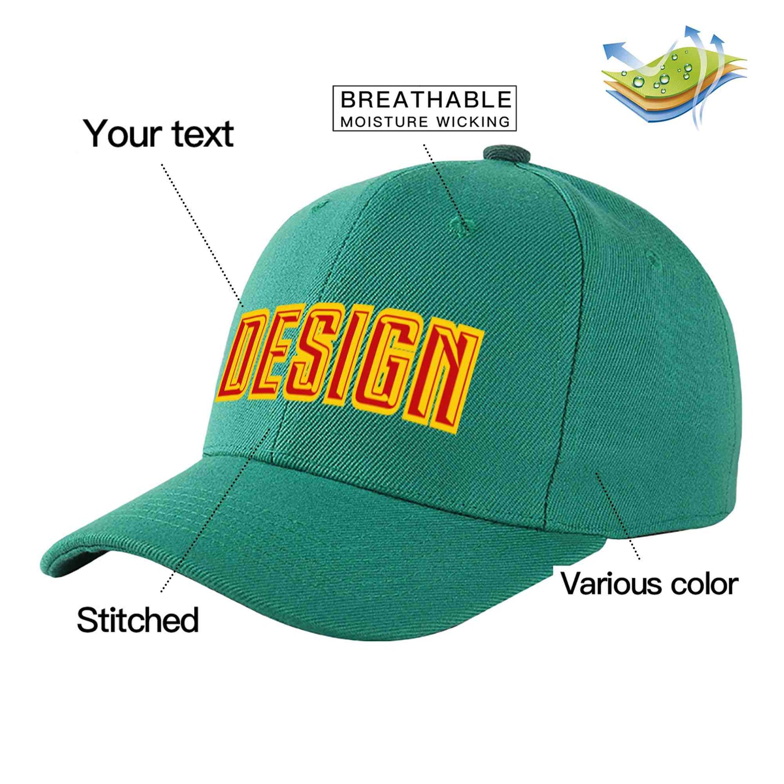 Custom Light Green Red-Yellow Curved Eaves Sport Design Baseball Cap