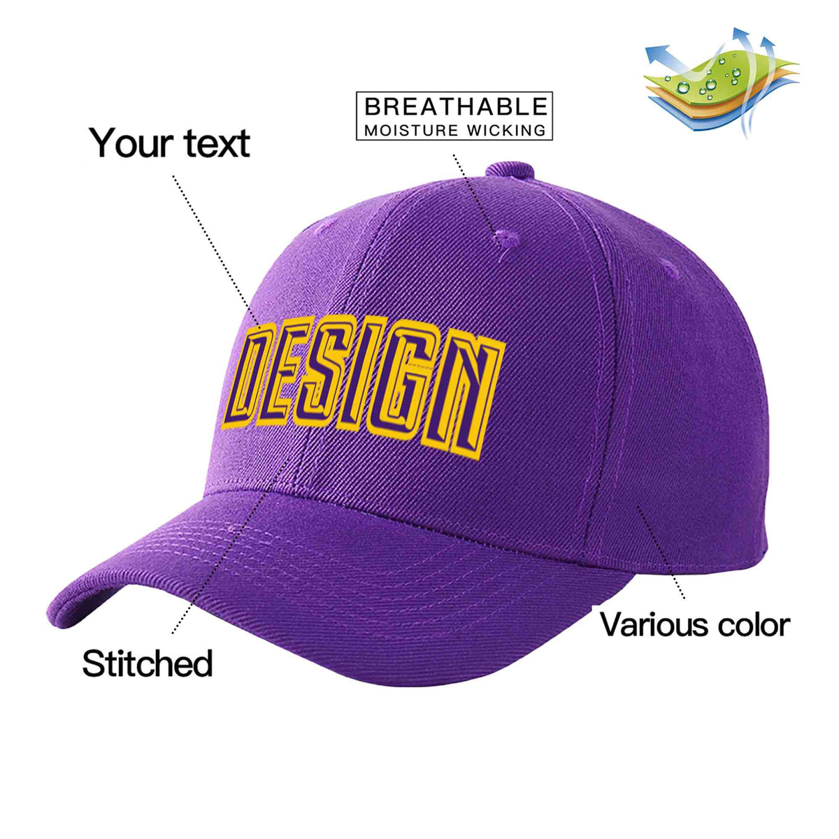 Custom Purple Purple-Gold Curved Eaves Sport Design Baseball Cap