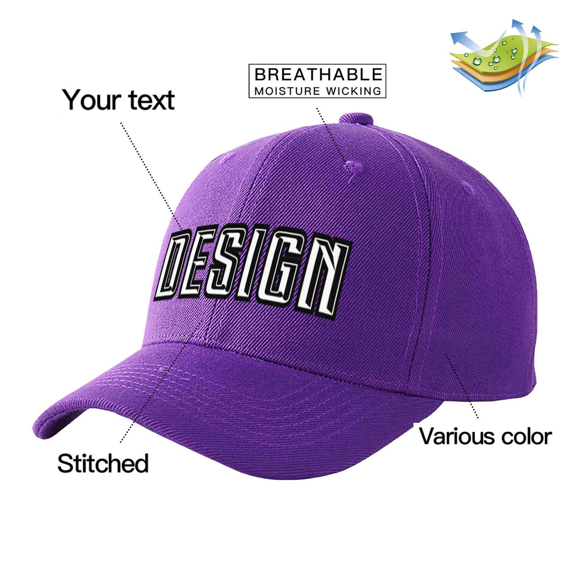 Custom Purple White-Black Curved Eaves Sport Design Baseball Cap