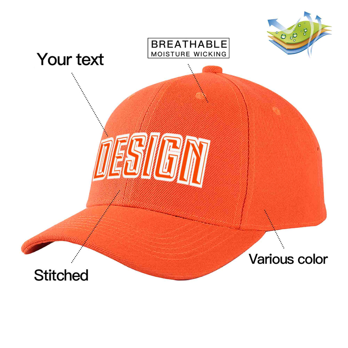 Custom Tangerine Orange-White Curved Eaves Sport Design Baseball Cap
