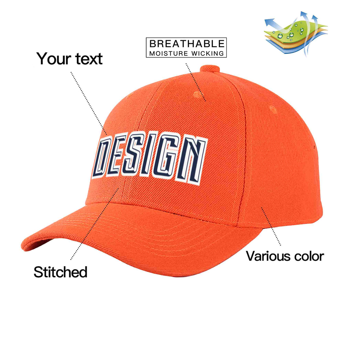 Custom Tangerine Navy-White Curved Eaves Sport Design Baseball Cap