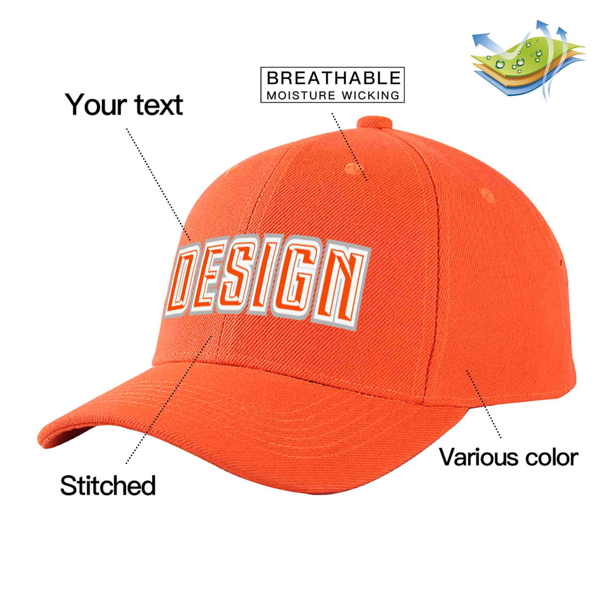 Custom Tangerine Orange-White Curved Eaves Sport Design Baseball Cap