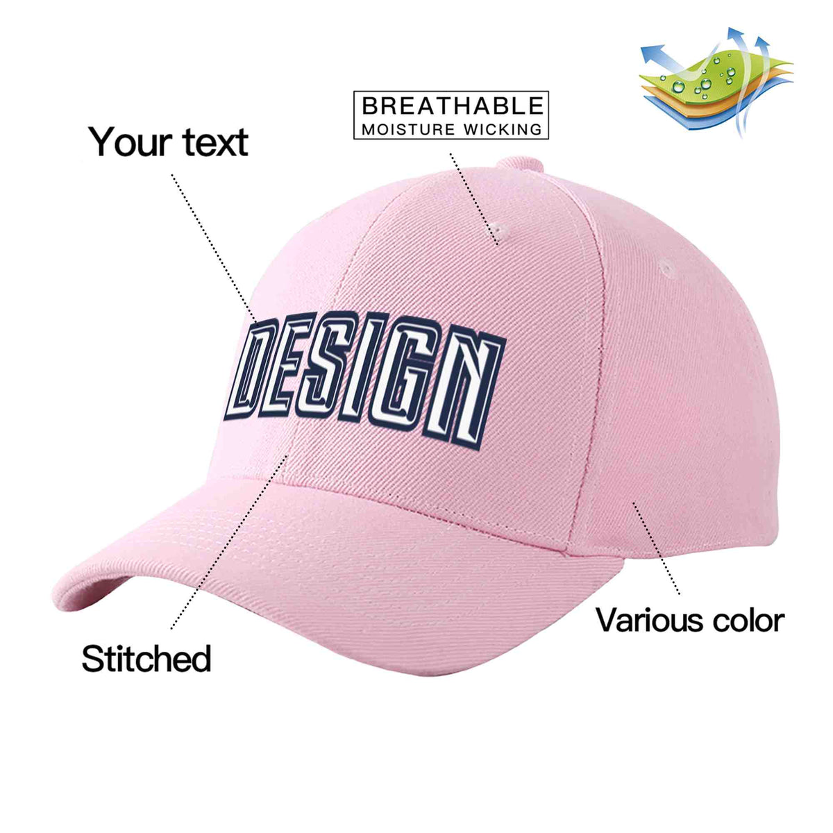 Custom Pink White-Navy Curved Eaves Sport Design Baseball Cap