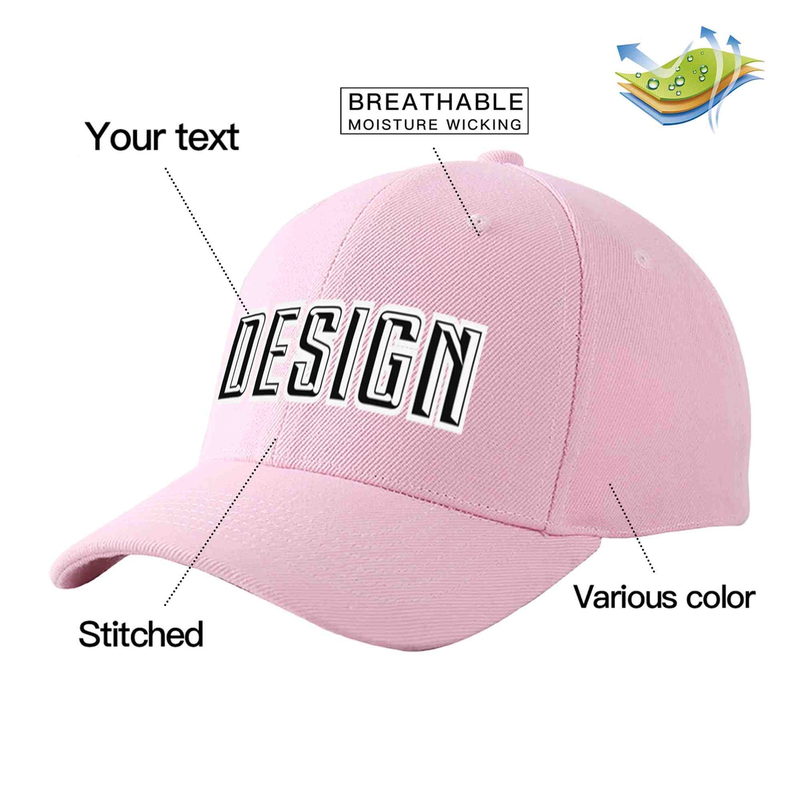 Custom Pink Black-White Curved Eaves Sport Design Baseball Cap