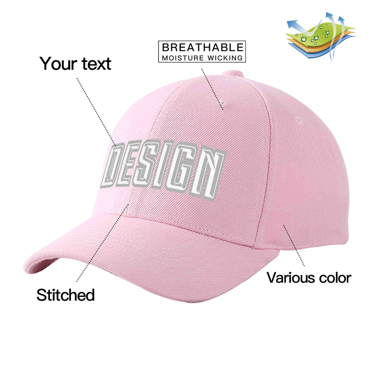 Custom Pink White-Gray Curved Eaves Sport Design Baseball Cap